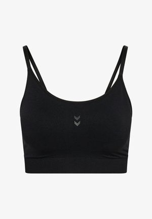 Czarny sportowy biustonosz z cienkimi, regulowanymi ramiączkami. Wykonany z gładkiej, elastycznej tkaniny, z subtelnym szarym logo w kształcie szewrona na środku.