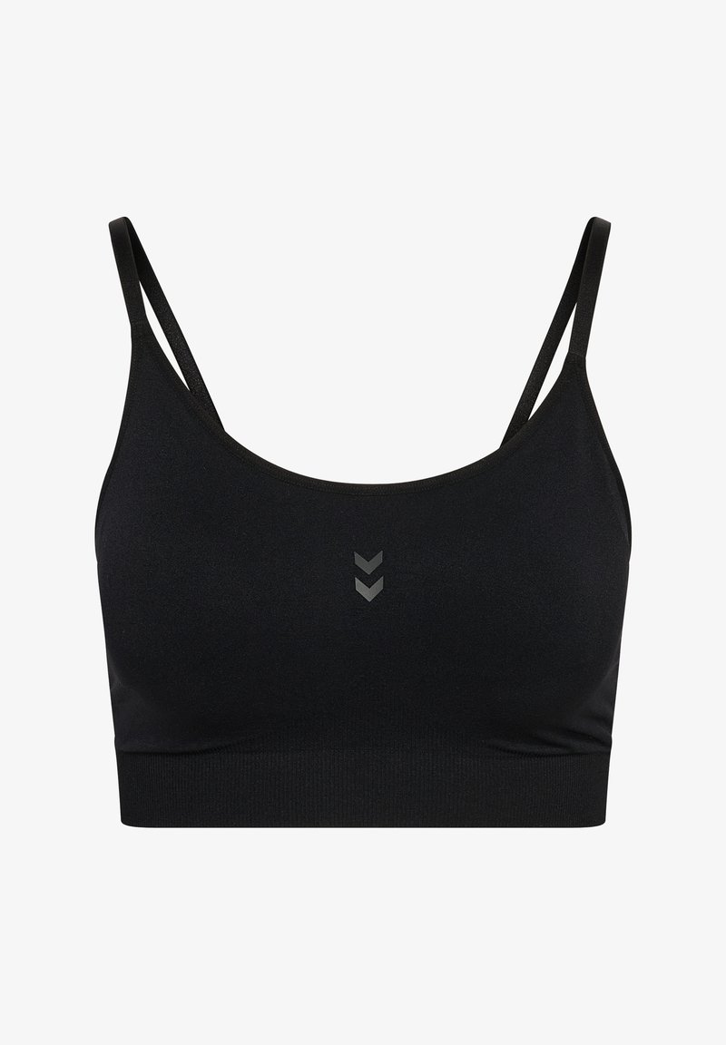 Zwarte sportbeha met dunne, verstelbare bandjes. Gemaakt van glad, rekbaar materiaal met een subtiel chevron-logo in grijs in het midden.