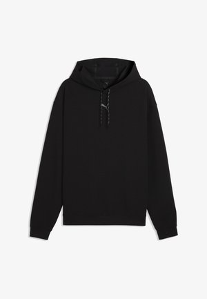 Sweat à capuche noir à manches longues avec cordons et petit logo Puma sur la poitrine, présenté sur fond blanc.