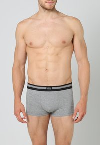 Boxer briefs cinzentos em algodão com um cós elástico riscado em preto e cinza, apresentando um logótipo na parte central da frente. Textura suave, design ajustado.