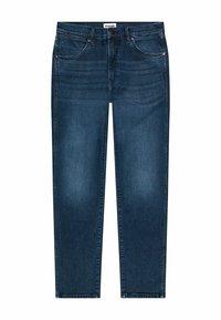 Donkerblauwe denim jeans met een rechte broekspijp, vijf zakken en contrasterende stiksels. Knopen en ritssluiting bij de taille.