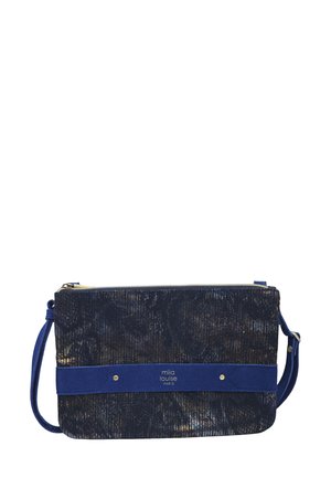 Petit sac bandoulière rectangulaire en tissu foncé texturé, bande en daim bleu, clous argentés et bandoulière réglable, portant l'inscription « mila louise PARIS ».