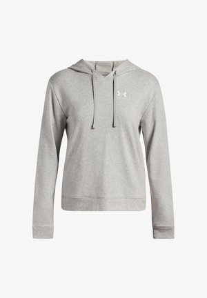 Harmaa huppari, joka on valmistettu pehmeästä kankaasta, jossa on kengurupucci, nyörillinen huppu ja pieni logo rinnassa.