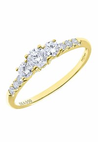 Goldring mit mehreren runden Diamanten in linearer Anordnung, einem glatten Band und kunstvollen Krappenfassungen.