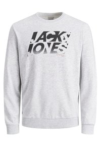 Felpa grigia con maniche lunghe, collo a giro, e una grande stampa grafica nera con "JACK & JONES" in diversi caratteri sulla parte anteriore.