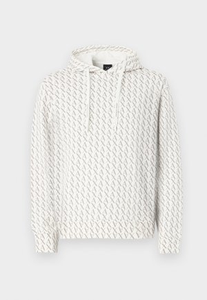 Sudadera con capucha en color crema claro con un patrón repetido de logo gris. Cuenta con cordones, mangas largas y puños acanalados.