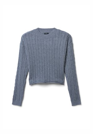 Maglione grigio corto con texture a coste, scollo rotondo e maniche lunghe, realizzato in un morbido materiale lavorato a maglia.