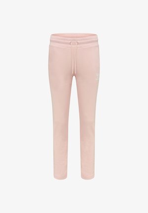 Lyserøde, tætsiddende sweatpants med elastik i taljen og snøre, med sidelommer og et lille hvidt logo på øverste venstre lår.