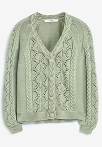 Hellgrüne Strickjacke mit geflochtenen und Spitzenmustern, V-Ausschnitt, langen Ärmeln, gerippten Bündchen und Saum sowie stoffüberzogenen Knöpfen.