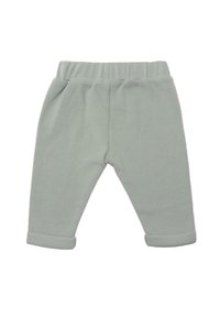 Helle graue Baumwollmischung-Hosen mit einem elastischen Bund, schmal zulaufenden Beinen und umsorgten Säumen, die eine weiche Textur und ein einfaches Design bieten.