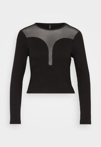Top negru cu mânecă lungă și un design ajustat. Panou din plasă transparentă pe piept, cu decolteu curbat și margine scurtă. Textură netedă.