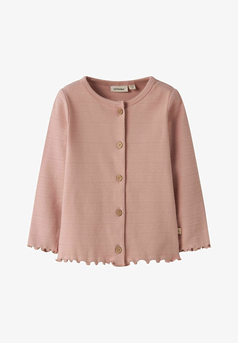 Hele-roosa, pika varrukaga laste kardigan ümar kaelusega, ees viis nööpi ja varrukatel ning äärel volangid.