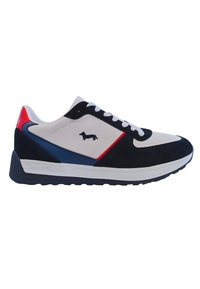 Sneakers sportivi con tomaia in tela e suede nei colori blu navy, rosso e bianco. Presentano dettagli con logo e una suola imbottita per il massimo comfort.