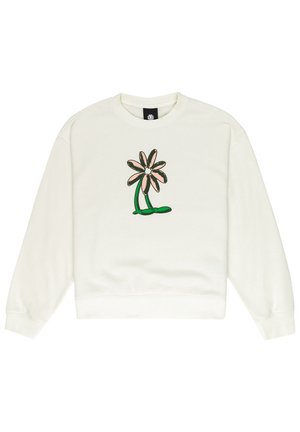 Sweatshirt en coton blanc avec un design de fleur rose et une tige et des feuilles vertes. Col et poignets côtelés. Coupe simple et décontractée.