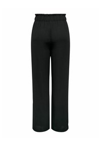 Pantalons noirs à jambes larges avec une taille élastique, fabriqués en tissu texturé, offrant une coupe décontractée et sans embellissements visibles.