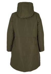 Długi płaszcz w kolorze oliwkowej zieleni, wykonany z gładkiej syntetycznej tkaniny, z kapturem, bocznymi kieszeniami i prostym krojem bez widocznych zapięć.