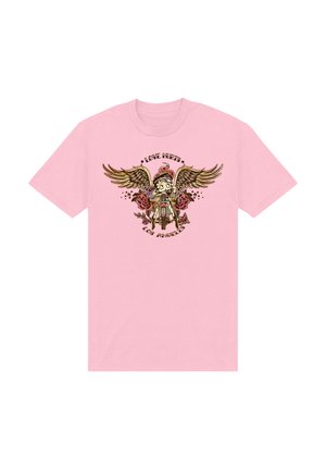Rosa bomulds T-shirt med et farverigt grafisk design af et skelet med vinger, roser og teksten "LOVE HURTS LOS ANGELES" i fed skrift.