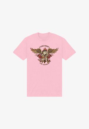 Rosa bomulds T-shirt med et farverigt grafisk design af et skelet med vinger, roser og teksten "LOVE HURTS LOS ANGELES" i fed skrift.