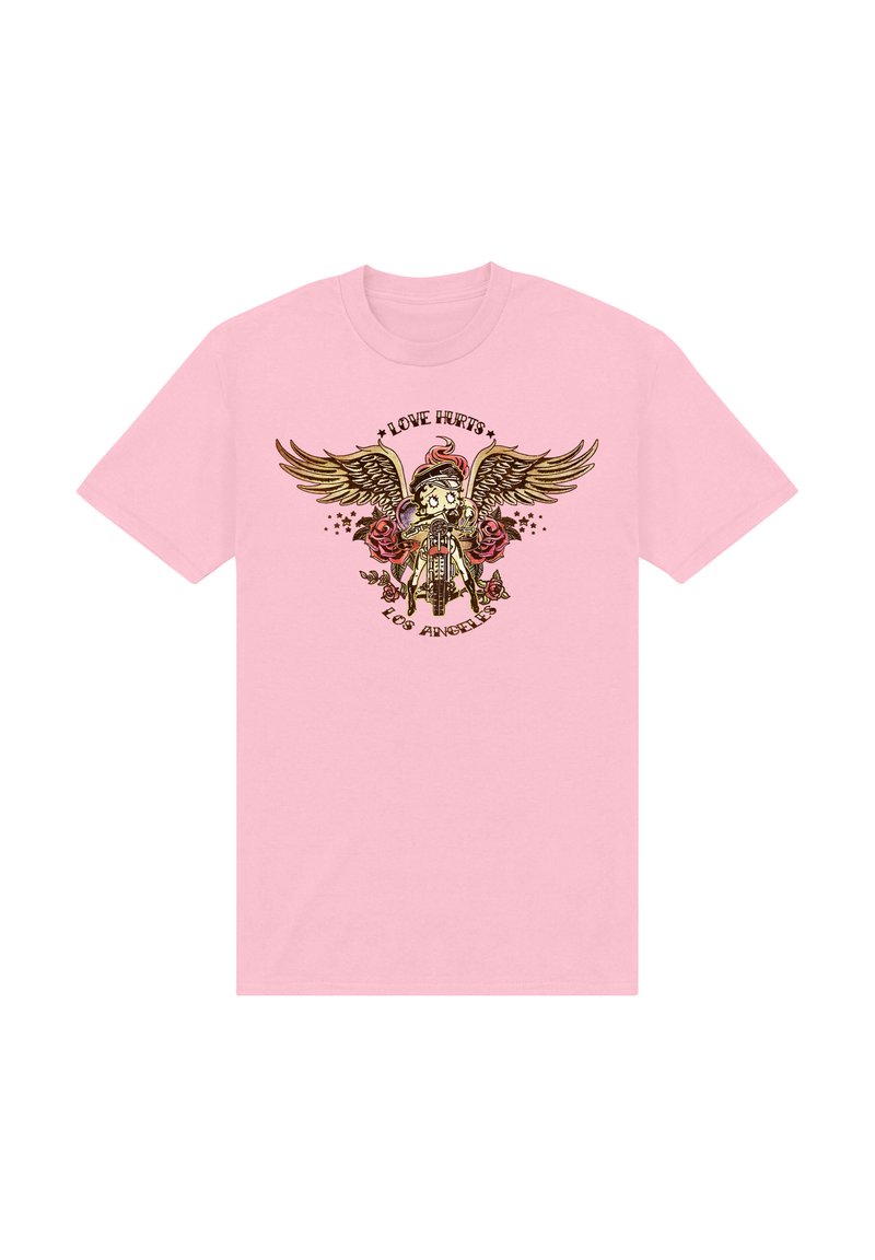 Rosa bomull t-shirt med en färgglad grafik av ett skalle med vingar, rosor och texten "LOVE HURTS LOS ANGELES" i fet stil.