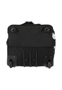 Musta kangaskassi pyörillä, joissa on kaksi mustaa pyörää, tekstiuroksinen pinta ja vahvistettu pohja, jossa on viisi vaakasuoraa urkaa vakauden lisäämiseksi.