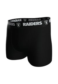 Czarne bokserki z miękkim paskiem w talii, na którym znajduje się napis "RAIDERS" i logo w białym kolorze. Wykonane z gładkiego, rozciągliwego materiału.