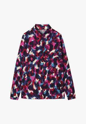 Bunt bedrucktes Oberhemd mit einem lebhaften abstrakten Muster in Pink, Lila und Blau. Hergestellt aus einem glatten Stoff mit langen Ärmeln.