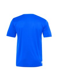 T-shirt bleu à manches courtes en tissu lisse, avec un col rond et un ourlet portant un petit logo en bas à gauche.