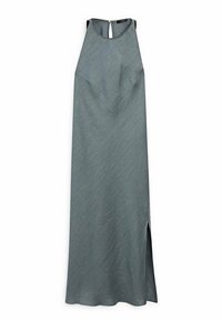 Robe longue sans manches en teal avec un col montant, une fente sur le côté et un motif texturé. Fermeture arrière avec détail en trou de serrure. Tissu lisse.
