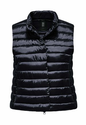 Gilet imbottito nero lucido senza maniche con collo alto e chiusura frontale con cerniera, progettato per calore e uso casual.