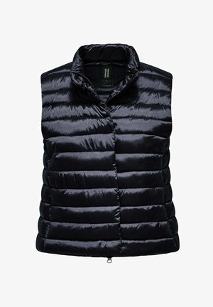 Zwarte glanzende gewatteerde mouwloze bodywarmer met opstaande kraag en ritssluiting aan de voorkant, ontworpen voor warmte en casual draagcomfort.
