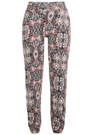 Patterned joggers with a black, pink, and green floral design. Elastic waistband and tapered cuffs. Made from a lightweight fabric.
