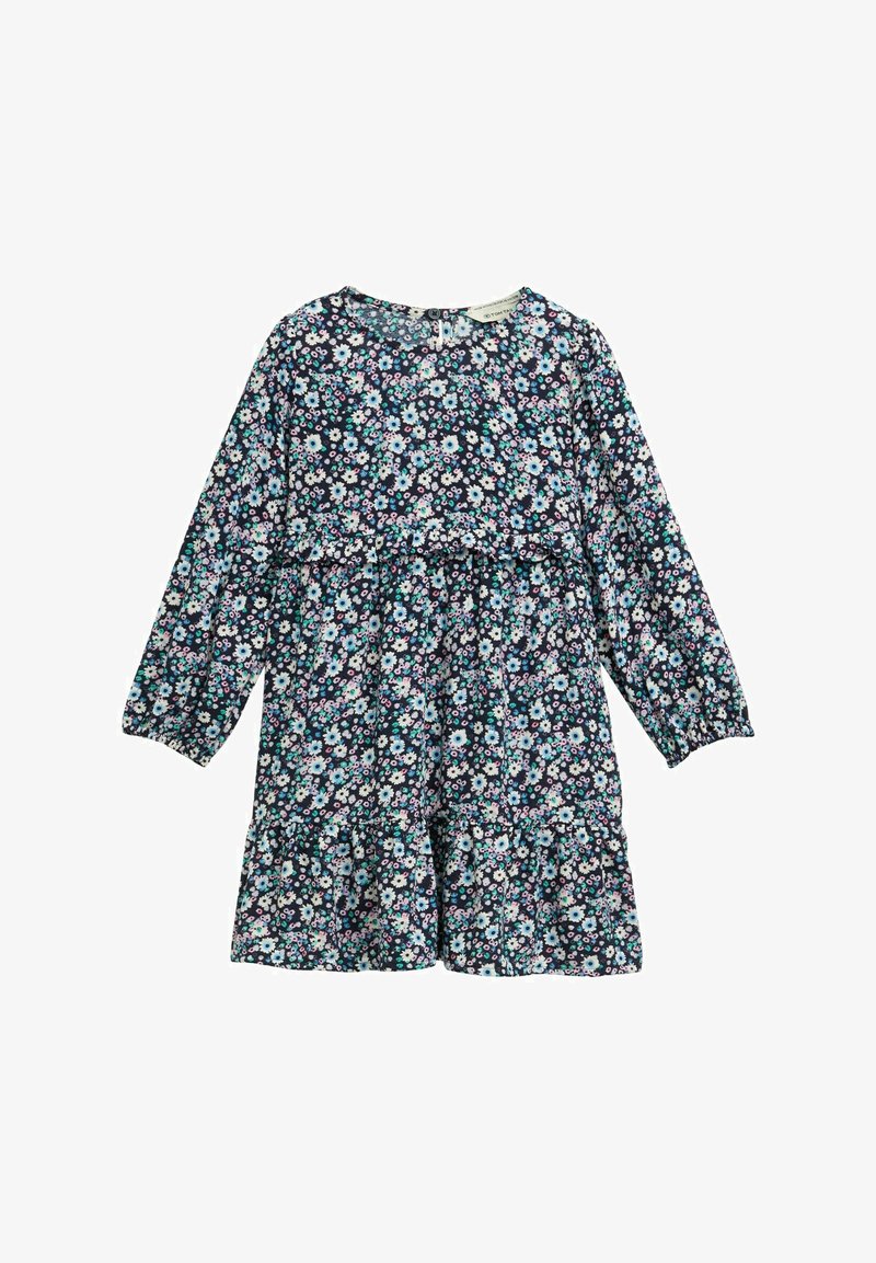 Langärmliges Kleid in Marineblau mit floralem Muster, das rosa und blaue Blumen zeigt, geraffter Taillenbereich und Rüschensaum. Baumwollstoff mit runder Ausschnitt.