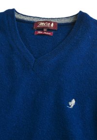 Maglione blu in lana a collo a V con un colletto interno grigio. Presenta un piccolo logo ricamato in argento sul lato sinistro. Etichetta di taglia L visibile.