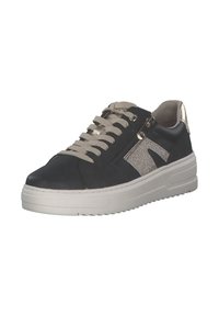 Baskets en cuir noir avec des lacets gris, détail de fermeture éclair métallique et accent en paillettes argentées sur le côté. Semelle blanche épaisse avec texture antidérapante.