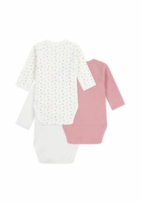 Tre langermede bodysuits: en hvit med små, flerfargede hjerter, en ensfarget hvit, og en rosa, alle med trykknapper nederst.