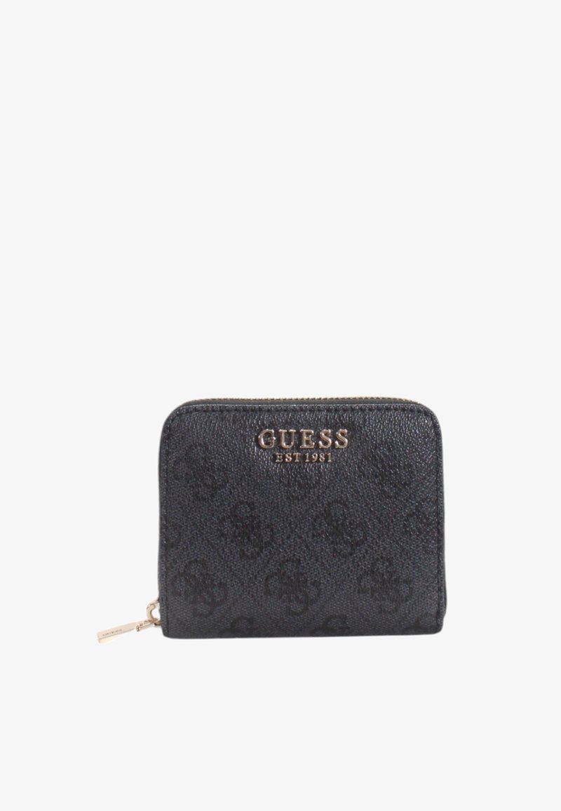 Portafoglio nero in tessuto, con logo impresso. Presenta una chiusura zip, elementi in metallo dorato e un delicato motivo decorativo sulla superficie.