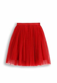 Czerwona spódnica z tiulu z marszczonym wzorem, wyposażona w jednolity pas. Spódnica jest warstwowa i ma lekki, zwiewny charakter.