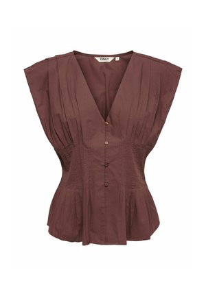 Ujjatlan sötétbarna blúz V-nyakkivágással, elöl gombolható, redőzött részletekkel és testhezálló derékkal.