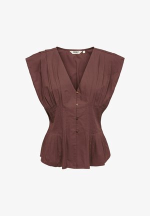 Mouwloze donkerbruine blouse met V-hals, knoopsluiting aan de voorkant, geplooide details en getailleerde taille.