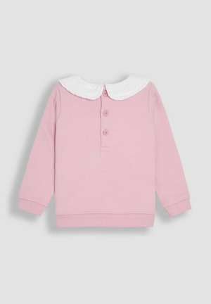 Pink sweatshirt featuring a white, frilled collar, long sleeves, and a button placket at the back. The fabric appears soft and smooth.