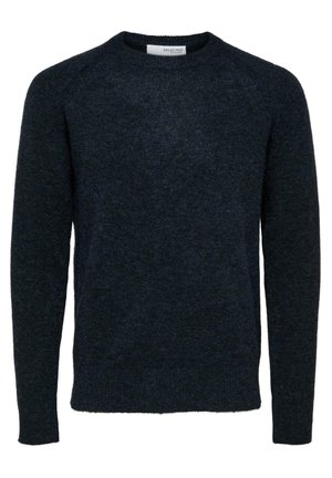 Maglione blu scuro realizzato in tessuto a maglia testurizzato. Presenta un collo a giro e maniche lunghe raglan, con una vestibilità rilassata e polsini a coste.