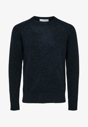 Sweater azul marinho escuro feito de um tecido de malha texturada. Apresenta um decote redondo e mangas raglan longas, com um corte descontraído e punhos canelados.