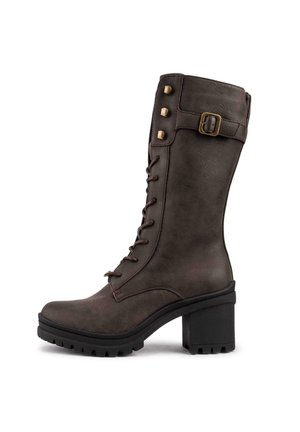 Brown faux leather knee-high boots with a chunky heel, lace-up front, side buckle, and metallic studs for added detail.