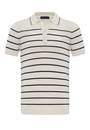 Kurzärmeliges cremefarbenes Poloshirt mit schwarzen horizontalen Streifen und einem einzelnen grünen Streifen über der Brust, ausgestattet mit einer Knopfleiste mit drei Knöpfen.