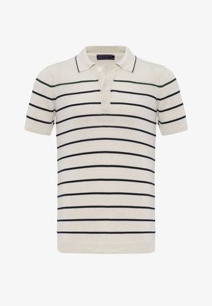 Short-sleeve cream polo shirt with black horizontal stripes and a single green stripe across the chest, featuring a three-button placket.