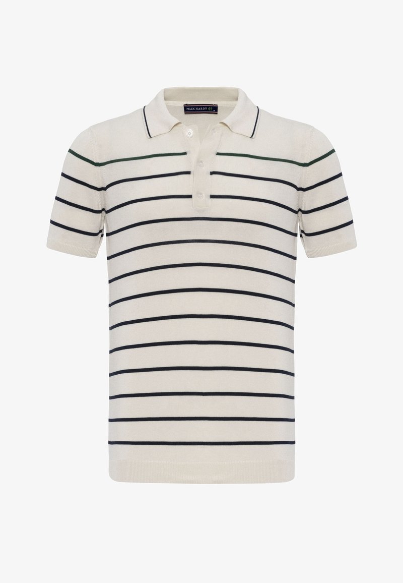 Polo crème à manches courtes avec des rayures horizontales noires et une unique rayure verte traversant la poitrine, doté d'une patte de boutonnage à trois boutons.