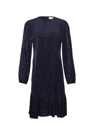 Marineblauwe jurk met lange mouwen, doorschijnende stof met een zebra patroon, geplooide taille en uitlopende zoom. Achterzijde met ritssluiting.