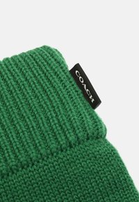 Grön stickad mössa med ribbad fåll. Har en svart tygetikett med "COACH" i vit text. Mjuk textur och tjockt material.