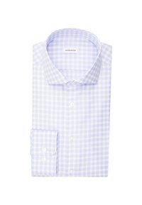 Camicia a quadri leggera viola e bianca con colletto a punta, chiusura con bottoni e polsini a un bottone. Realizzata in tessuto morbido.