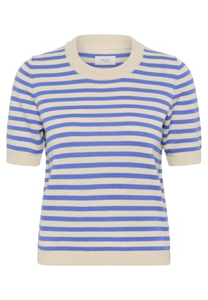 Striped short-sleeve sweater in cream and light blue. Features a ribbed round neckline and cuffs. Soft knit texture with horizontal stripes.
